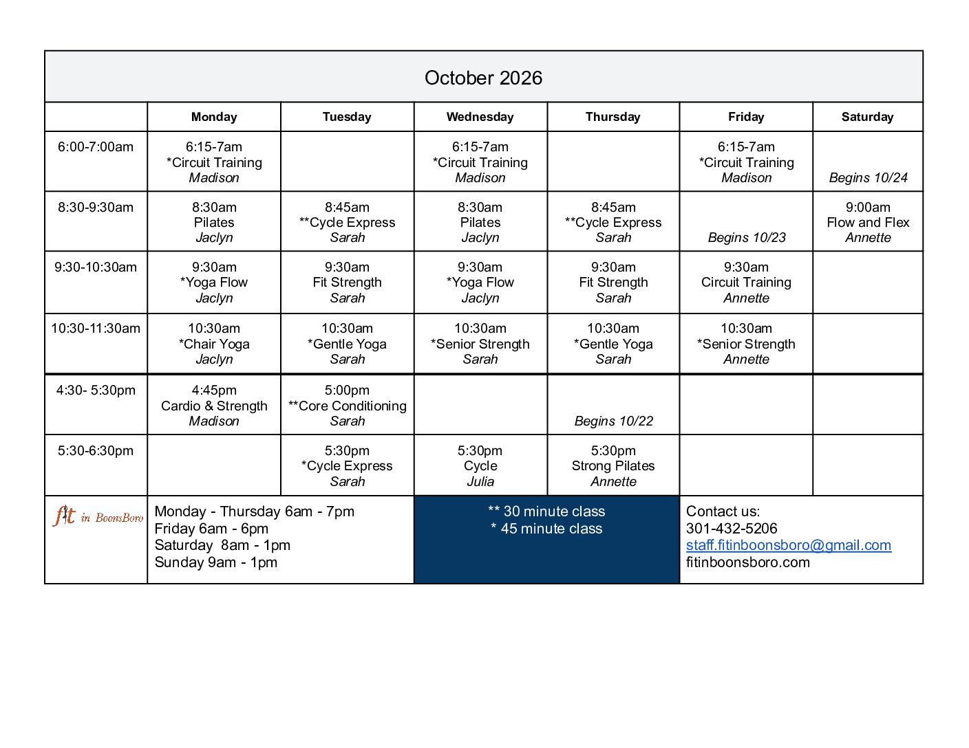 October Class Schedule 2026 Nov Schedule